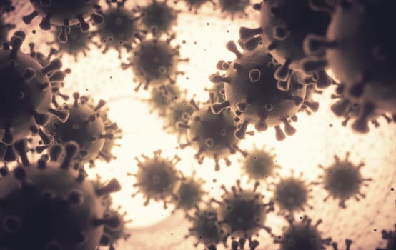 Covid-19, Coronavirus. Several covid-19 viruses infecting the human organism. Concept image of the virus inside human cells.