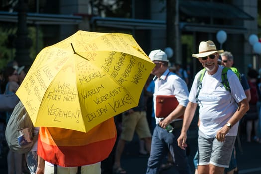 Demonstration in Berlin, Germany on the 1.8.2020, protest against corona regulations, street 17. June, Brandenburg Gate