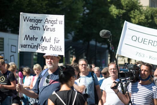Demonstration in Berlin, Germany on the 1.8.2020, protest against corona regulations, street 17. June, Brandenburg Gate