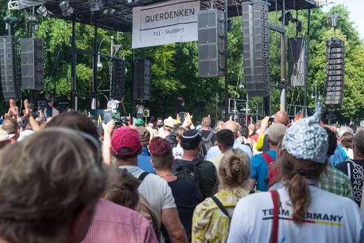 Demonstration in Berlin, Germany on the 1.8.2020, protest against corona regulations, street 17. June, Brandenburg Gate