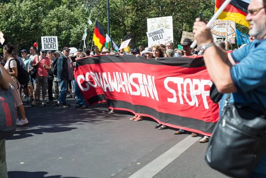 Demonstration in Berlin, Germany on the 1.8.2020, protest against corona regulations, street 17. June, Brandenburg Gate
