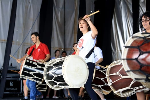 salvador, bahia / brazil - august 27, 2016: performance of japanese culture drums at Parque de Exposicoes in the city of Salvador.