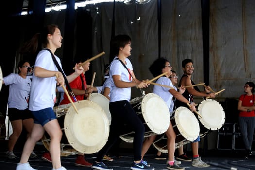 salvador, bahia / brazil - august 27, 2016: performance of japanese culture drums at Parque de Exposicoes in the city of Salvador.