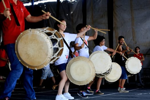 salvador, bahia / brazil - august 27, 2016: performance of japanese culture drums at Parque de Exposicoes in the city of Salvador.