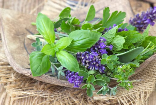 Freshly harvested herbs on a clay plate