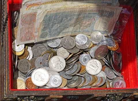 Bunch of greek drachma coins and banknote money