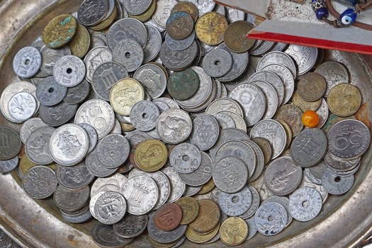 Old greek drachma coins money in tray