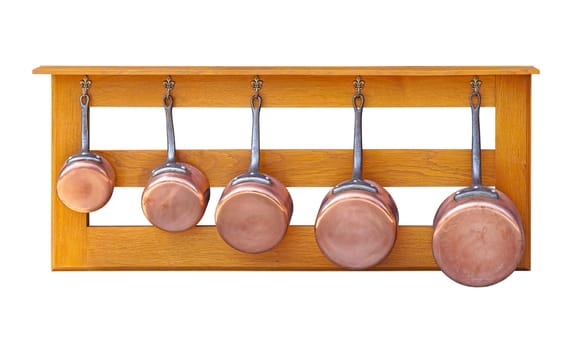 Copper pot cookware set at shelf isolated