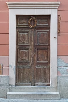 Big brown wood door at old house