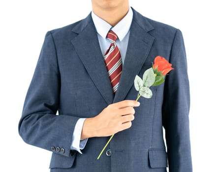 Close up photo of businessman in suit holding with red rose on white background