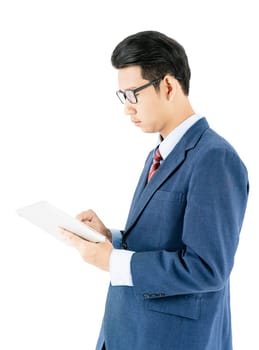 Young asian businessman portrait in suit and wear glasses holding a laptop over white background