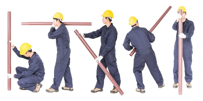 Set Young plumber holding pvc pipe isolated on white background