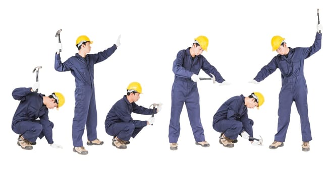 Set of Young handyman in uniform standing with his hammer Cutout isolated on white background