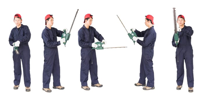 Set of Young gardener in uniform hold lawn mower is a garden tools  Cut out isolated on white background