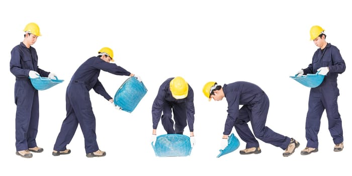 Set Young worker hold Hod or clam-shell shaped basket isolate on white background