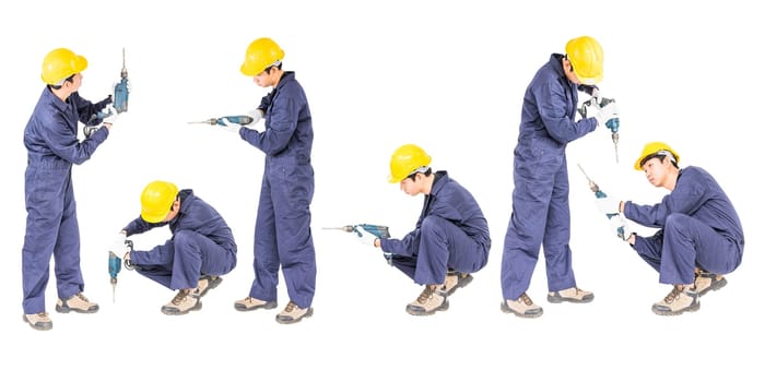 Set of Young handyman in unifrom standing with his electric drill Cutout isolated on white background