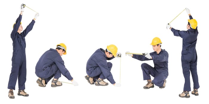 Young worker in unifrom with tape measure isolated on white background cutout