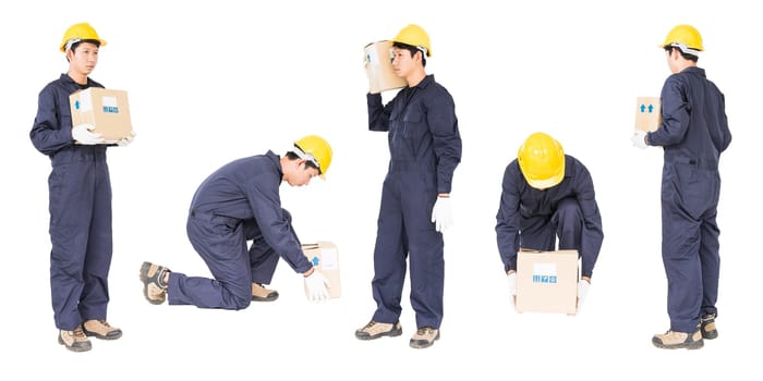 Set of Young handyman with his box isolated on white background