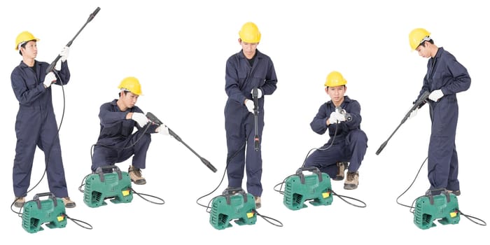Set of Young man in uniform stand and holding high pressure water gun portable with hose, Cut out isolated on white background