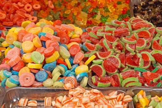 Collection of gummy candies at market