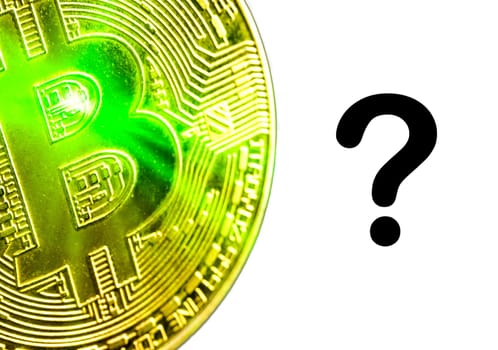 Question Mark or ? text and BITCOIN on white background. Cryptocurrency theft concept