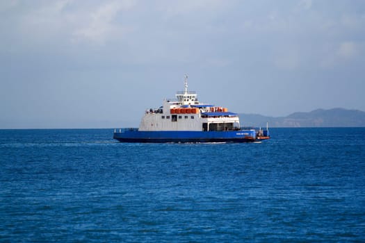 salvador, bahia / brazil - november 3, 2014: Rio Paraguacu ferry boat is seen sailing through Baia de Todos os Santos during crossing from Itaparica Island to the city of Salvador.