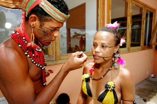 porto Seguro, bahia / brazil - february 4, 2011: indians of Pataxo ethnicity are seen during protest at the National Health Foundation in the city of Porto Seguro.