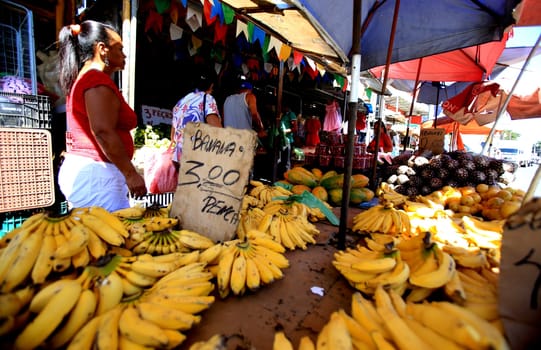 salvador, bahia / brazil - august 9, 2016: bananas are seen for sale at an open market in the city of Salvador.