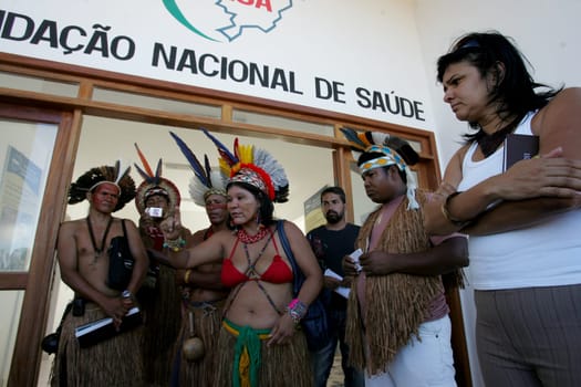 porto Seguro, bahia / brazil - february 4, 2011: indians of Pataxo ethnicity are seen during protest at the National Health Foundation in the city of Porto Seguro.