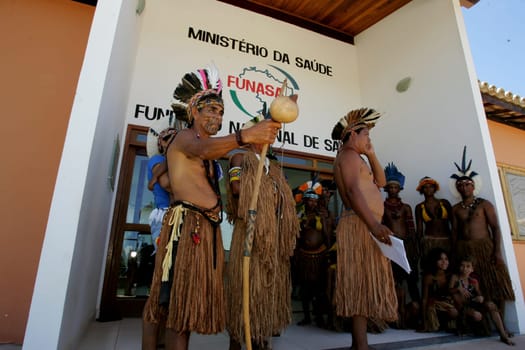 porto Seguro, bahia / brazil - february 4, 2011: indians of Pataxo ethnicity are seen during protest at the National Health Foundation in the city of Porto Seguro.