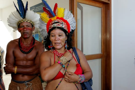 porto Seguro, bahia / brazil - february 4, 2011: indians of Pataxo ethnicity are seen during protest at the National Health Foundation in the city of Porto Seguro.