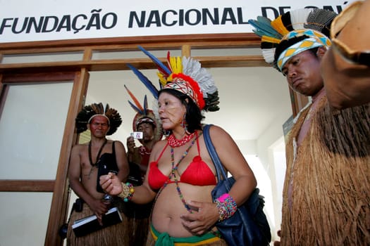 porto Seguro, bahia / brazil - february 4, 2011: indians of Pataxo ethnicity are seen during protest at the National Health Foundation in the city of Porto Seguro.