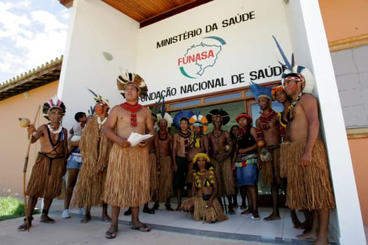 porto Seguro, bahia / brazil - february 4, 2011: indians of Pataxo ethnicity are seen during protest at the National Health Foundation in the city of Porto Seguro.