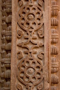 Close view of attractive pattern sculpted on stone pillar at Gwalior Fort, Gwalior, Madhya Pradesh, India, Asia
