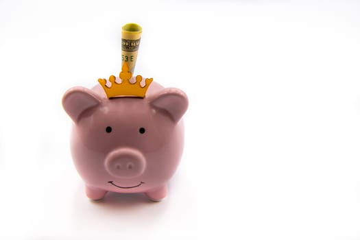Pink piggy bank with golden crown and USD banknote isolated over white background with copy space, cash is king concept image