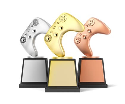 Gold, silver and bronze gamer trophies on white background