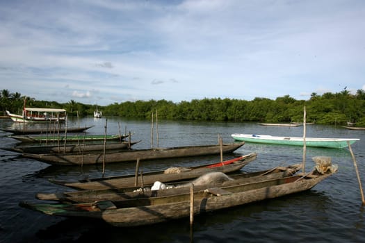 camamu, bahia / brazil - january 10, 2012: canoes are seen in Baia de Camamu, in the city of Camamu, in southern Bahia.