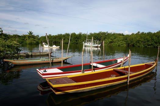 camamu, bahia / brazil - january 10, 2012: canoes are seen in Baia de Camamu, in the city of Camamu, in southern Bahia.