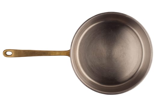 top view closeup of old aluminum cooking pan with copper metallic handle isolated on white background