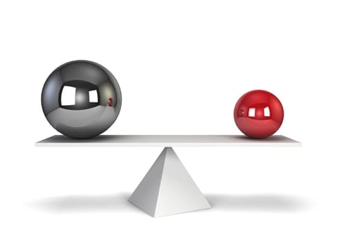 Two spheres in balance. 3d illustration isolated on white background