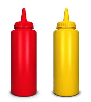 Ketchup and mustard bottles. 3d illustration isolated on white background
