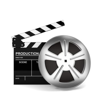 Cinema film and clap board. 3d illustration isolated on white background