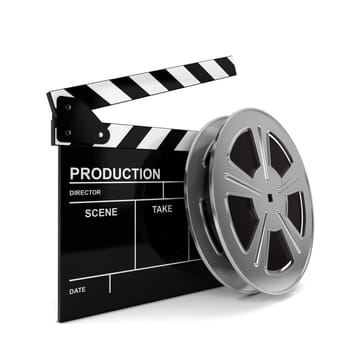 Cinema film and clap board. 3d illustration isolated on white background