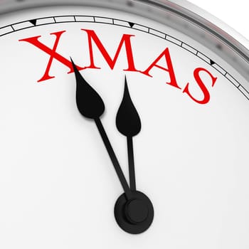 Xmas on a clock. 3d illustration isolated on white background