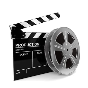 Cinema film and clap board. 3d illustration isolated on white background