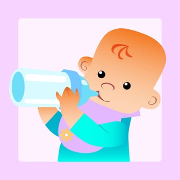 Childhood family and feeding. Baby eats food milk bottle