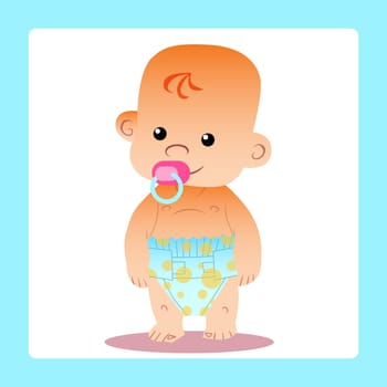 Happy baby with a pacifier in diapers stands and smiles