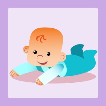 Happy baby is lying on his stomach trying to crawl. Childhood and motherhood