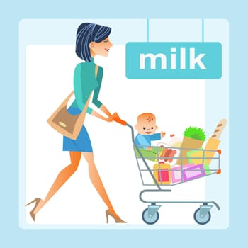 mom with the shopping cart with a baby in the store. In the cart the products and the boy, the milk section