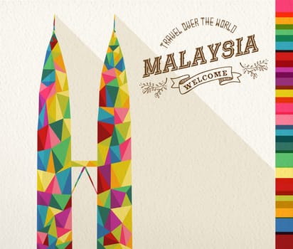 Travel Malaysia famous landmark. Colorful polygonal monument with vintage label and textured paper background. Ideal for website, brochure or marketing campaign. EPS10 vector file.